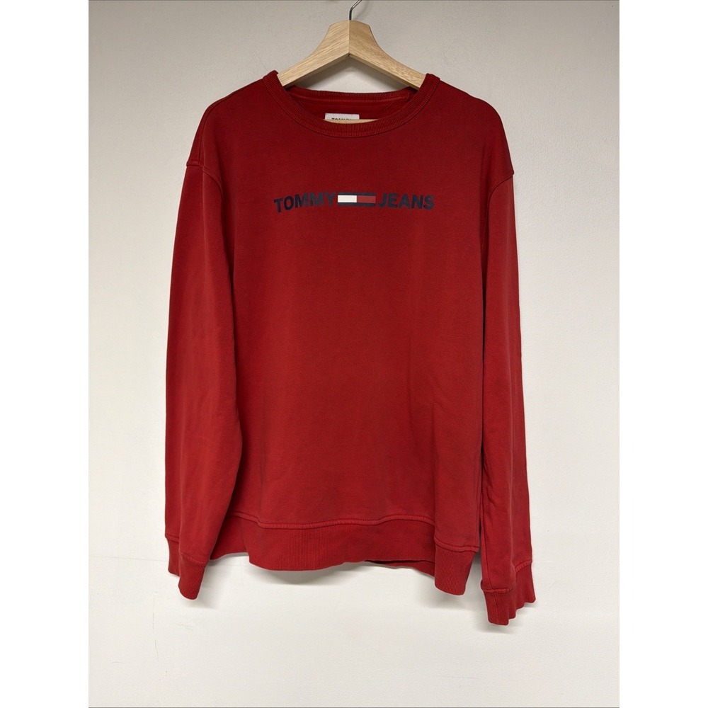 Tommy Jeans Mens Sweatshirt Size L Red Long Sleeve Crew Neck Logo Pullover